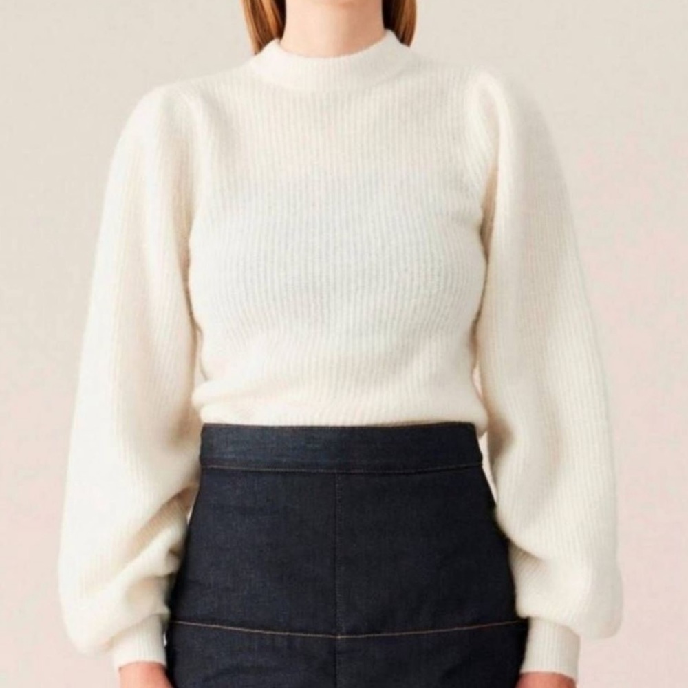 Ganni Alpaca Wool Sweater Mock Neck Balloon Puff Sleeve Yellow Cream XS